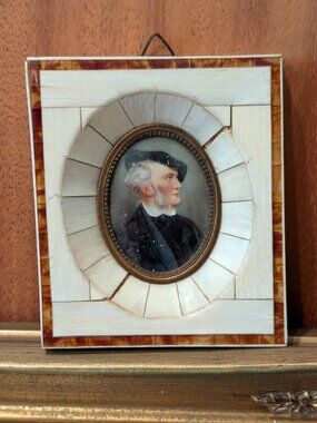 Antique 19th Century Richard Wagner Miniature Portrait in Piano Key Bone Frame